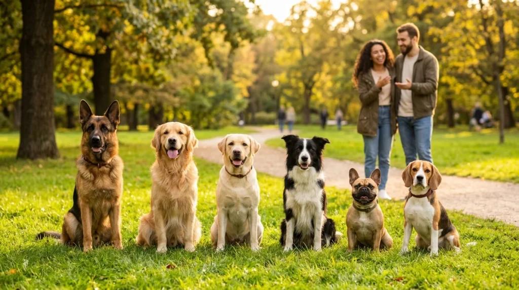 Different dog breeds sitting together to help new owners choose the right dog for their lifestyle.