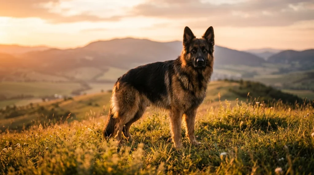 Healthy adult German Shepherd standing confidently outdoors during golden hour.