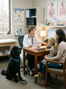 Family consulting an allergist before adopting a dog.