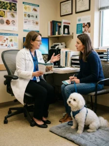 Allergist advising a dog owner about allergy treatment.