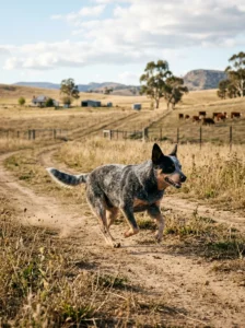Australian Cattle Dog running outdoors.
