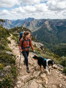 Australian Shepherd hiking in the mountains.