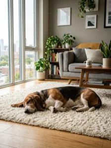Basset Hound resting comfortably indoors.