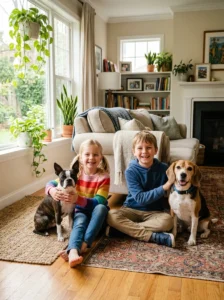 Small dog breeds enjoying time with children.