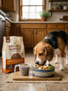 Healthy diet helping a Beagle maintain proper weight.