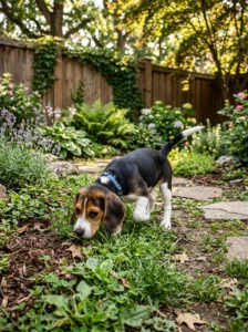 Young Beagle puppy exploring outdoors.