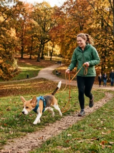 Beagle getting daily exercise and scent enrichment.