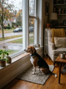 Beagle waiting for its owner at home.