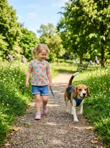 Beagle enjoying a family walk with a child.
