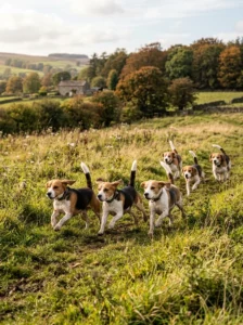 Group of Beagles running together.