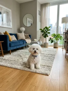Bichon Frise sitting comfortably inside a modern apartment.