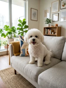 Bichon Frise sitting comfortably inside a modern home.