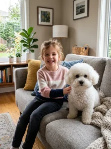 Bichon Frise relaxing comfortably with a child indoors.