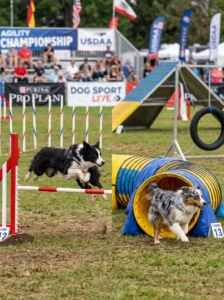 Border Collie and Australian Shepherd in agility training.