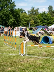 Border Collie running through an agility course during exercise.
