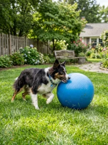 Border Collie herding a large exercise ball during play.