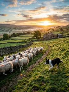 Working Border Collie herding sheep on a rural farm.