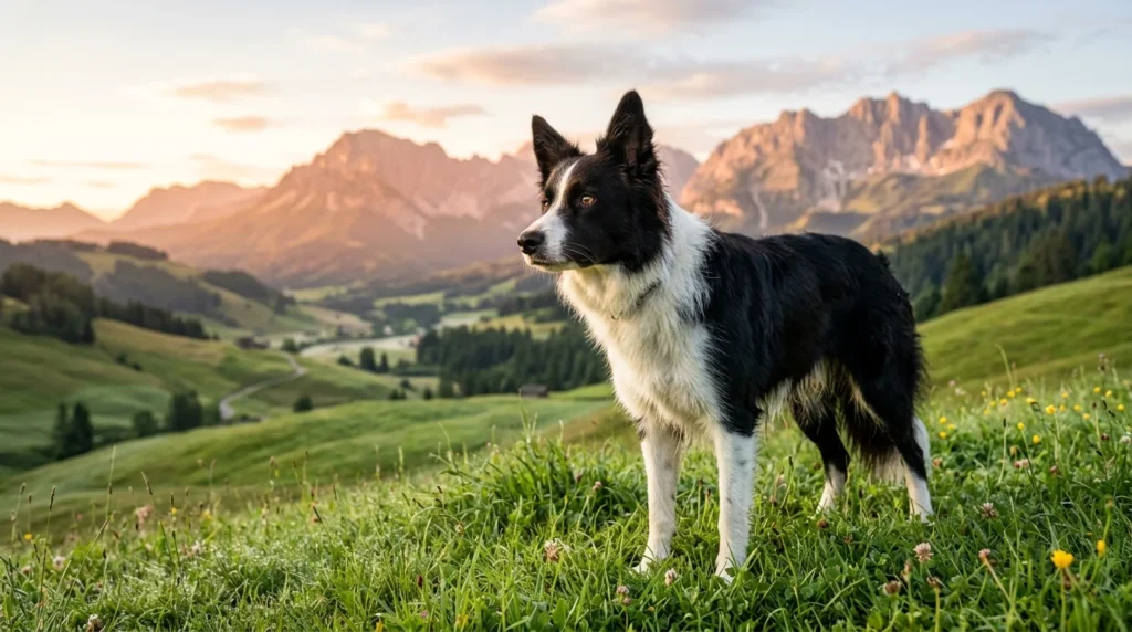 Intelligent Border Collie standing in a green countryside field.