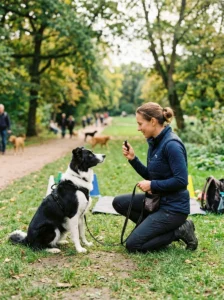 Border Collie practicing advanced obedience training outdoors.