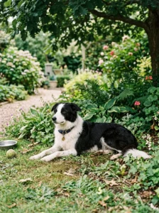 Border Collie relaxing peacefully after physical activity.
