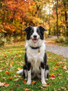 Border Collie mixed breed sitting in a park.