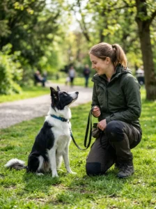 Border Collie showing focused attention during obedience training.
