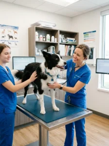 Border Collie receiving a routine examination at the veterinary clinic.