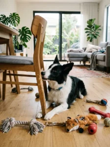 Border Collie displaying destructive behavior due to boredom.