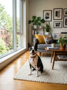 Boston Terrier enjoying apartment living.