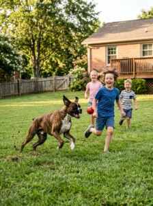Boxer playing actively with children outdoors.