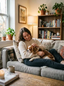 Cavalier King Charles Spaniel relaxing with its owner.