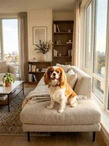 Cavalier King Charles Spaniel relaxing indoors.