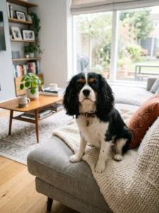Cavalier King Charles Spaniel relaxing indoors.