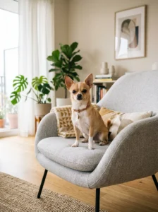 Small Chihuahua sitting inside an apartment.