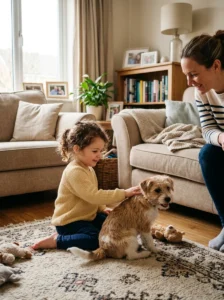 Child interacting gently with a small dog.