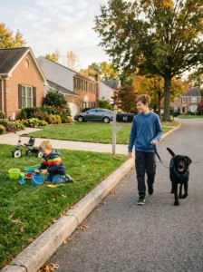 Older child responsibly walking the family dog.