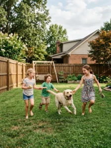 Friendly family dog playing with multiple children.