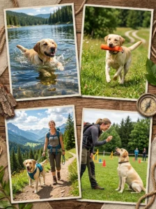 Labrador Retriever enjoying different types of exercise.