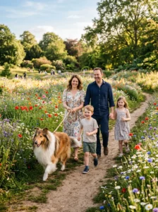Collie enjoying a family walk in the park.