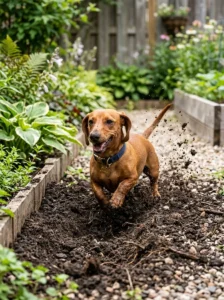Dachshund digging in a garden.