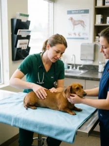 Veterinarian checking a Dachshund for back pain.