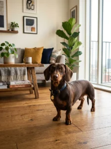 Dachshund standing inside a modern apartment.