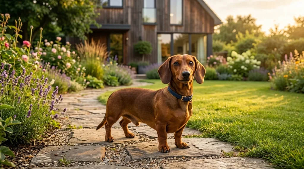 Healthy Dachshund standing confidently in a sunny garden.