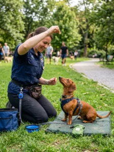 Dachshund learning obedience commands.