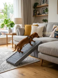 Dachshund safely using a pet ramp to protect its spine.