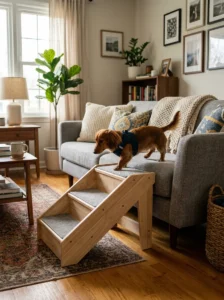 Dachshund using pet stairs for safe furniture access.