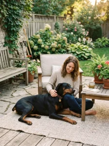 Doberman Pinscher bonding closely with its owner.