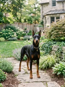 Doberman Pinscher showing alert protective instincts.