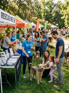 Families meeting different dog breeds at an adoption event.