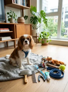 Essential care items for a small dog.